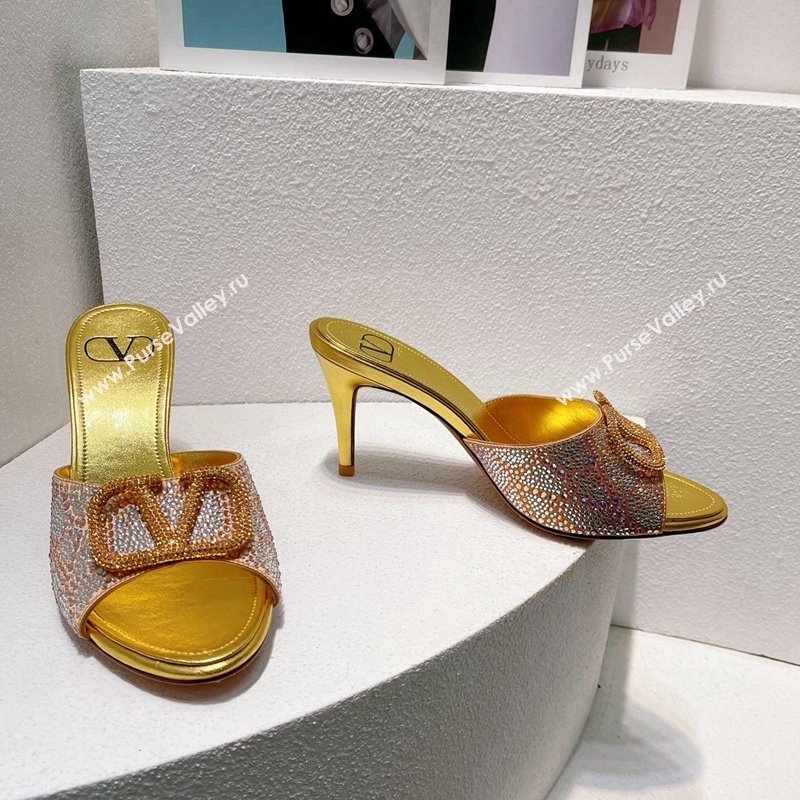 Valentino VLogo Heel Slides Sandal 8cm in Toile Iconographe Strass Gold/Nude 2024 0612 (MD-240612066)