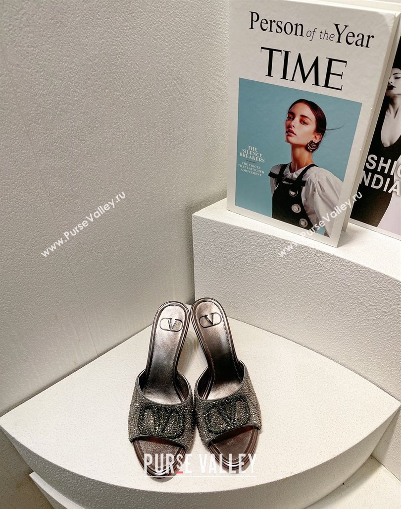 Valentino VLogo Heel Slides Sandal 8cm in Toile Iconographe Strass Dark Grey 2024 0612 (MD-240612067)