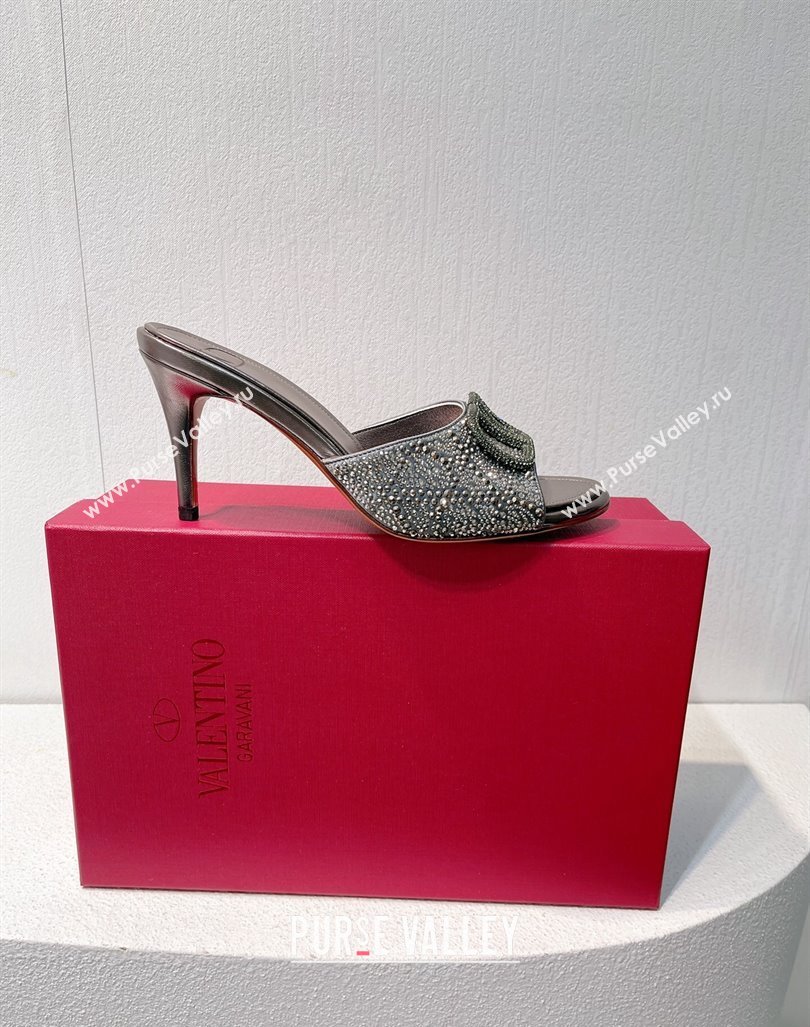 Valentino VLogo Heel Slides Sandal 8cm in Toile Iconographe Strass Dark Grey 2024 0612 (MD-240612067)