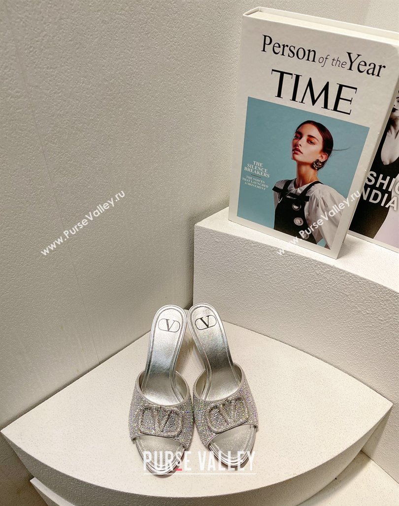 Valentino VLogo Heel Slides Sandal 8cm in Toile Iconographe Strass Silver/Grey 2024 0612 (MD-240612068)