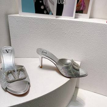 Valentino VLogo Heel Slides Sandal 8cm in Toile Iconographe Strass Silver/Grey 2024 0612 (MD-240612068)