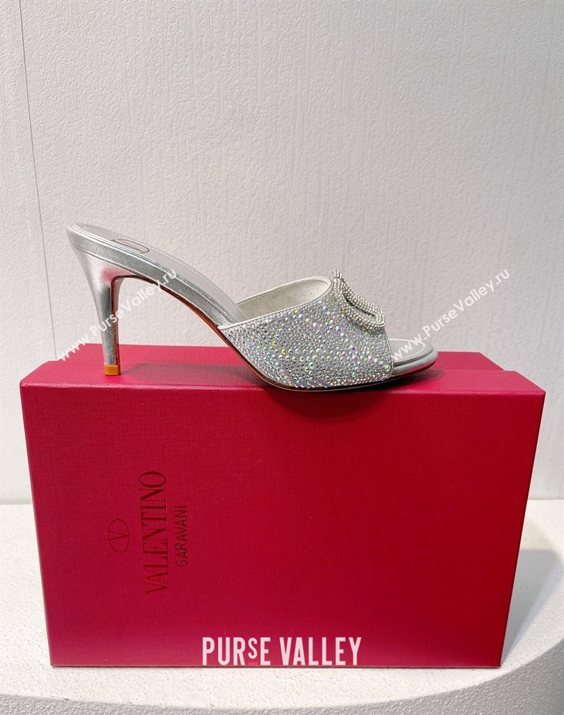 Valentino VLogo Heel Slides Sandal 8cm in Toile Iconographe Strass Silver/Grey 2024 0612 (MD-240612068)