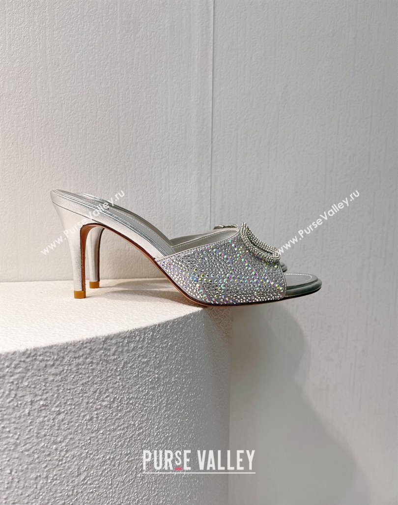 Valentino VLogo Heel Slides Sandal 8cm in Toile Iconographe Strass Silver/Grey 2024 0612 (MD-240612068)