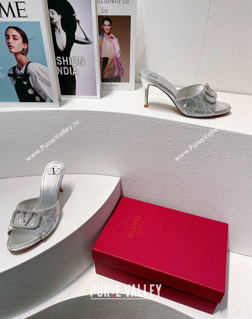 Valentino VLogo Heel Slides Sandal 8cm in Toile Iconographe Strass Silver/Grey 2024 0612 (MD-240612068)