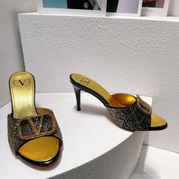 Valentino VLogo Heel Slides Sandal 8cm in Toile Iconographe Strass Gold/Black 2024 0612 (MD-240612069)