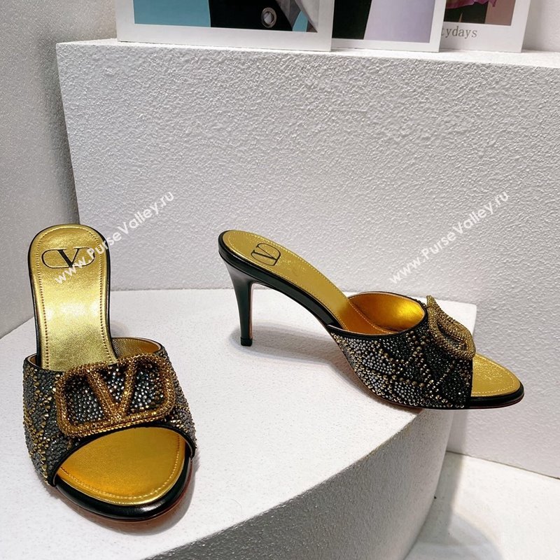 Valentino VLogo Heel Slides Sandal 8cm in Toile Iconographe Strass Gold/Black 2024 0612 (MD-240612069)