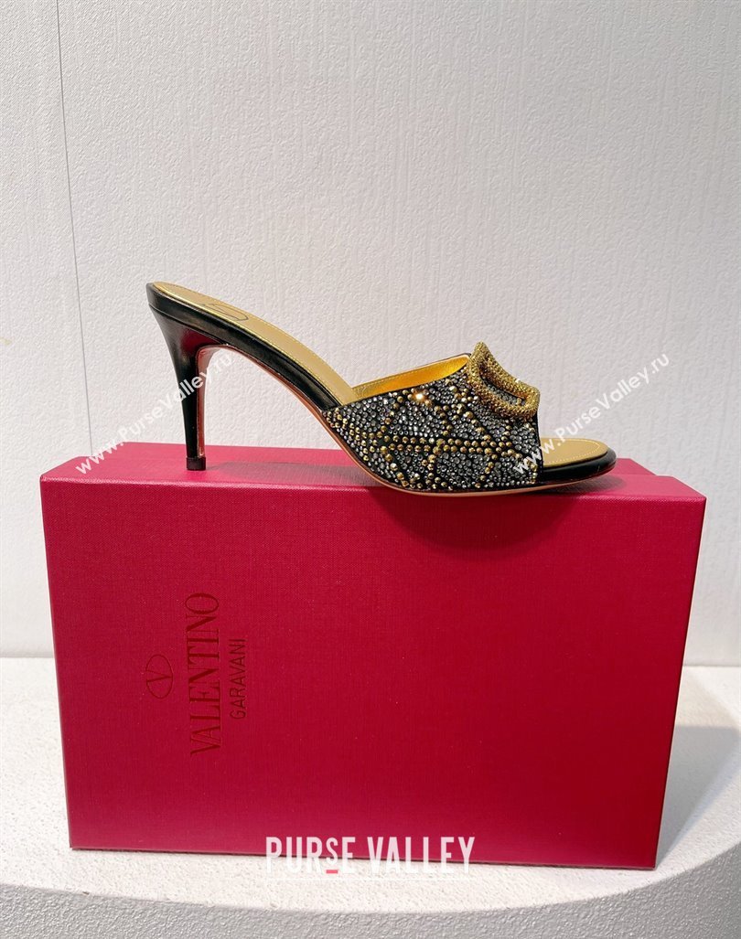 Valentino VLogo Heel Slides Sandal 8cm in Toile Iconographe Strass Gold/Black 2024 0612 (MD-240612069)