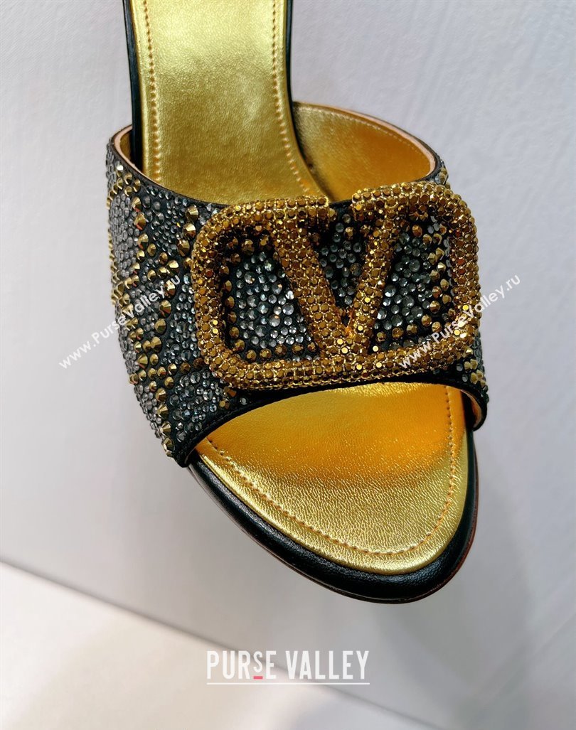 Valentino VLogo Heel Slides Sandal 8cm in Toile Iconographe Strass Gold/Black 2024 0612 (MD-240612069)