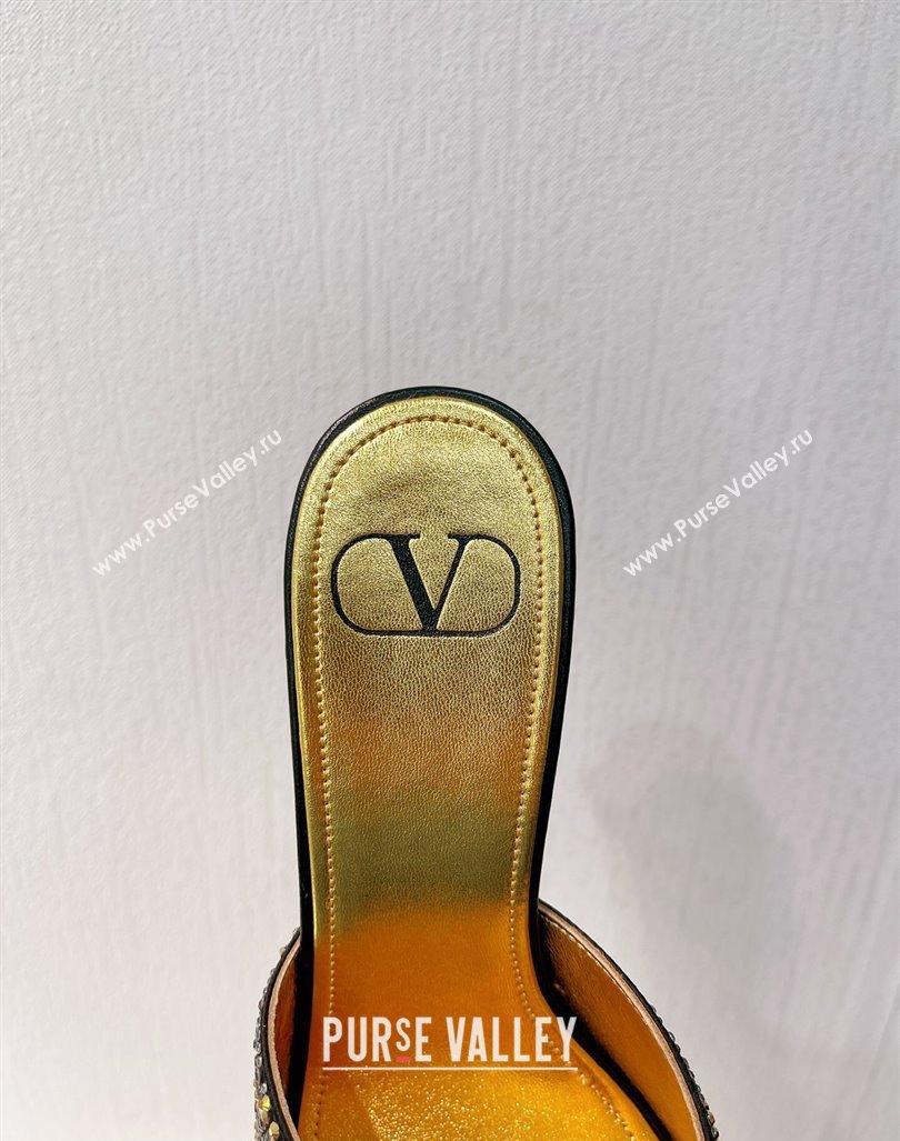 Valentino VLogo Heel Slides Sandal 8cm in Toile Iconographe Strass Gold/Black 2024 0612 (MD-240612069)