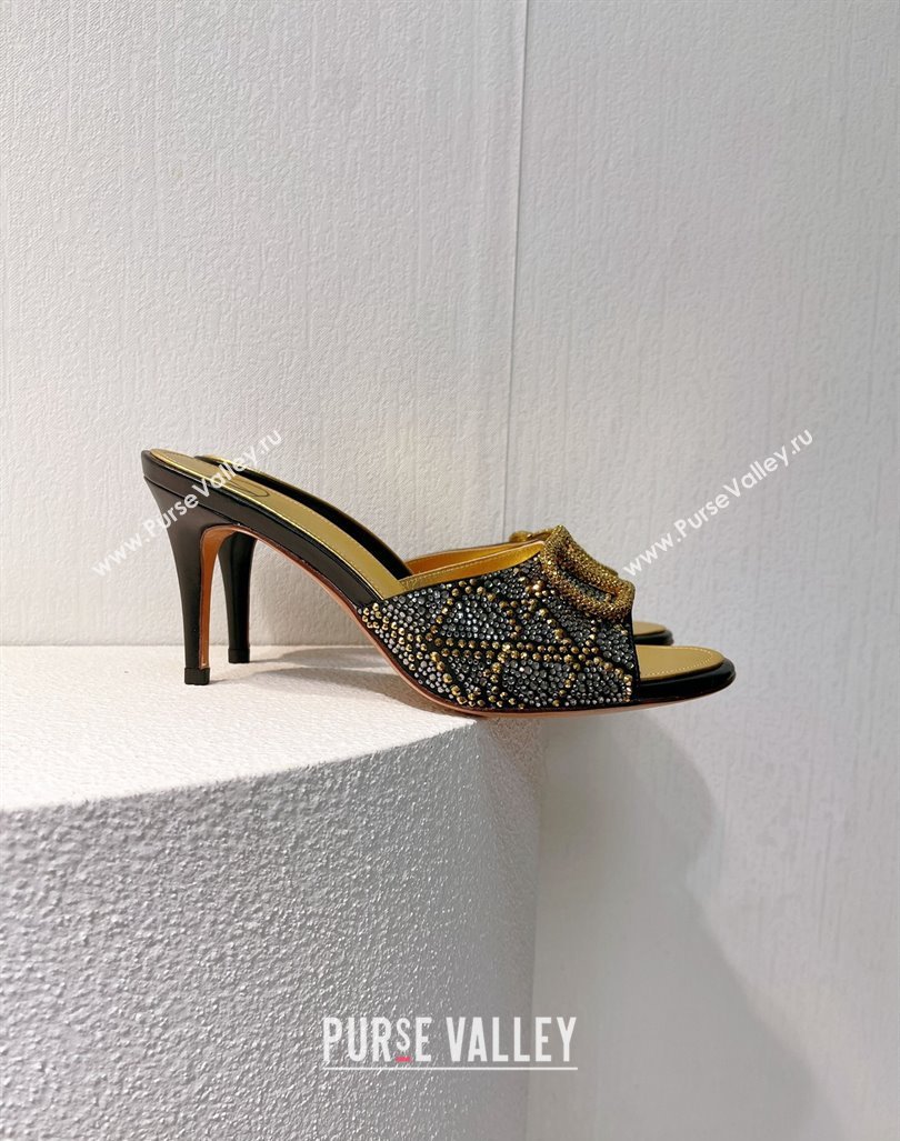 Valentino VLogo Heel Slides Sandal 8cm in Toile Iconographe Strass Gold/Black 2024 0612 (MD-240612069)