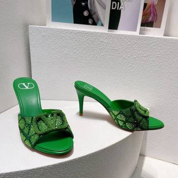 Valentino VLogo Heel Slides Sandal 8cm in Toile Iconographe Strass Green/Dark 2024 0612 (MD-240612072)