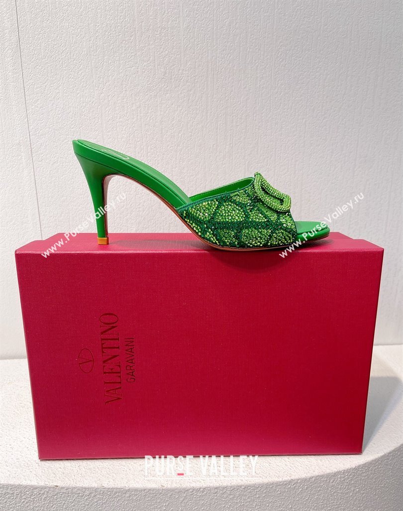 Valentino VLogo Heel Slides Sandal 8cm in Toile Iconographe Strass Green/Dark 2024 0612 (MD-240612072)