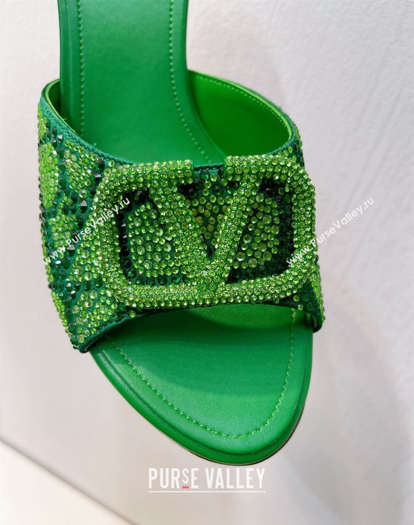 Valentino VLogo Heel Slides Sandal 8cm in Toile Iconographe Strass Green/Dark 2024 0612 (MD-240612072)