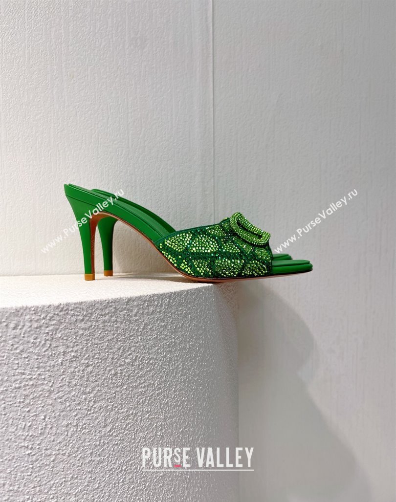 Valentino VLogo Heel Slides Sandal 8cm in Toile Iconographe Strass Green/Dark 2024 0612 (MD-240612072)