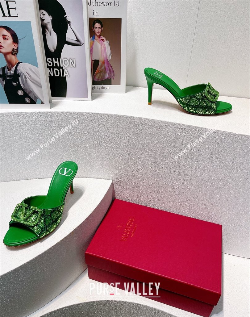 Valentino VLogo Heel Slides Sandal 8cm in Toile Iconographe Strass Green/Dark 2024 0612 (MD-240612072)