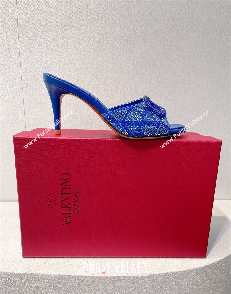 Valentino VLogo Heel Slides Sandal 8cm in Toile Iconographe Strass Sky Blue 2024 0612 (MD-240612073)