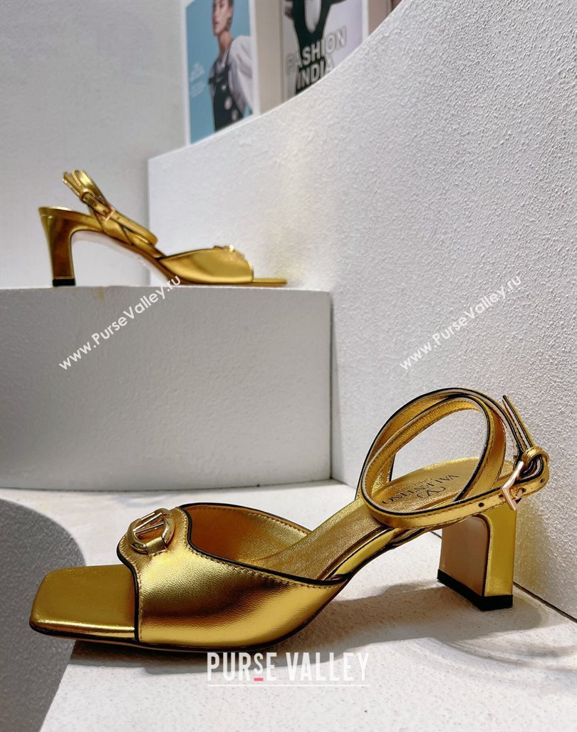 Valentino The Bold Edition VLogo Heel Sandals in Calfskin Gold 2024 0612 (MD-240612013)