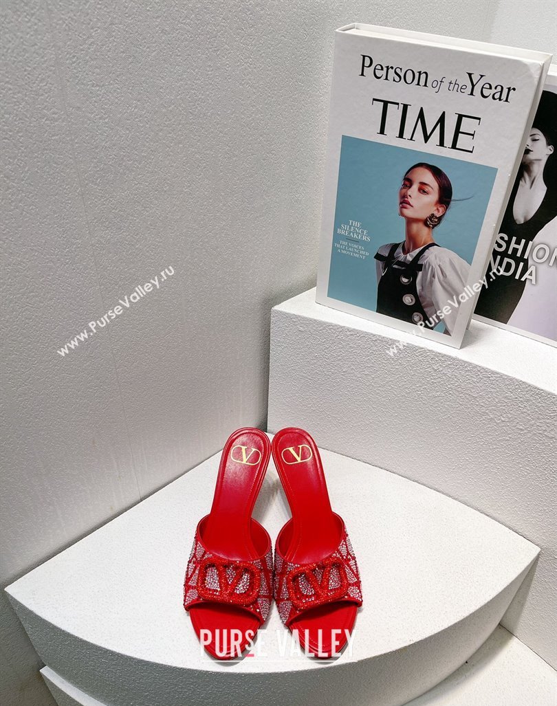 Valentino VLogo Heel Slides Sandal 8cm in Toile Iconographe Strass Red/Silver 2024 0612 (MD-240612074)