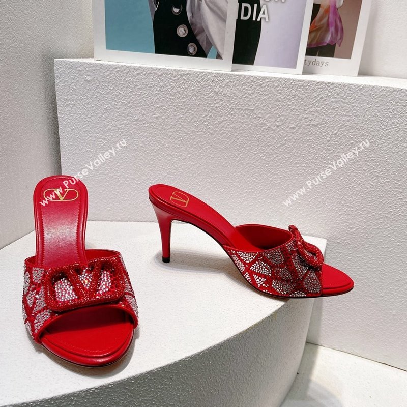 Valentino VLogo Heel Slides Sandal 8cm in Toile Iconographe Strass Red/Silver 2024 0612 (MD-240612074)