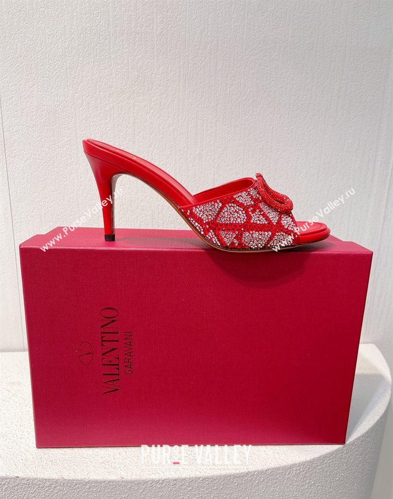 Valentino VLogo Heel Slides Sandal 8cm in Toile Iconographe Strass Red/Silver 2024 0612 (MD-240612074)