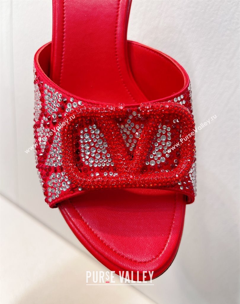 Valentino VLogo Heel Slides Sandal 8cm in Toile Iconographe Strass Red/Silver 2024 0612 (MD-240612074)