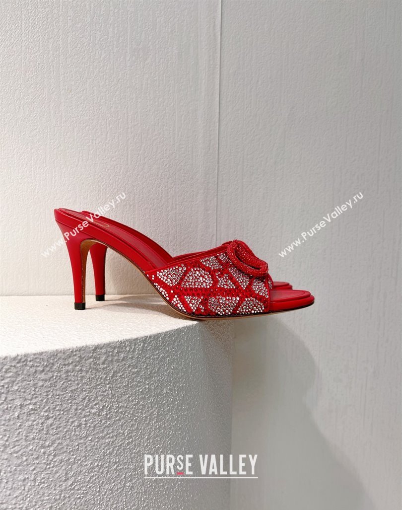 Valentino VLogo Heel Slides Sandal 8cm in Toile Iconographe Strass Red/Silver 2024 0612 (MD-240612074)