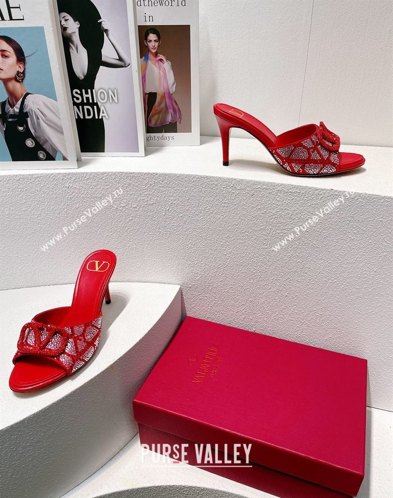 Valentino VLogo Heel Slides Sandal 8cm in Toile Iconographe Strass Red/Silver 2024 0612 (MD-240612074)