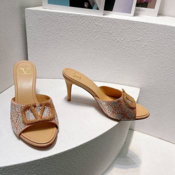 Valentino VLogo Heel Slides Sandal 8cm in Toile Iconographe Strass Beige 2024 0612 (MD-240612075)