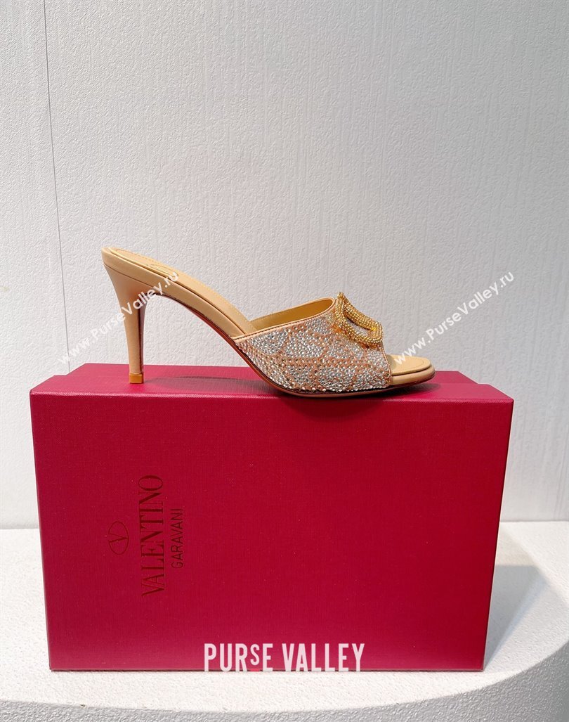 Valentino VLogo Heel Slides Sandal 8cm in Toile Iconographe Strass Beige 2024 0612 (MD-240612075)