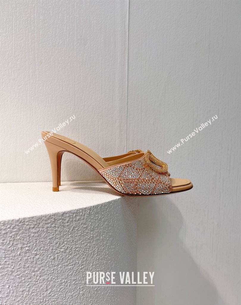 Valentino VLogo Heel Slides Sandal 8cm in Toile Iconographe Strass Beige 2024 0612 (MD-240612075)