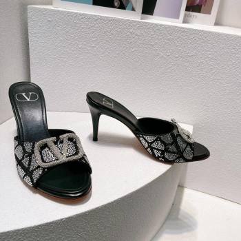 Valentino VLogo Heel Slides Sandal 8cm in Toile Iconographe Strass Black/Silver 2024 0612 (MD-240612076)