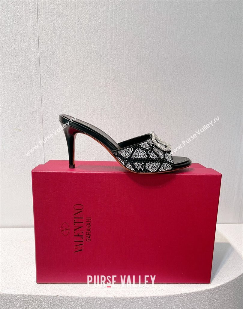 Valentino VLogo Heel Slides Sandal 8cm in Toile Iconographe Strass Black/Silver 2024 0612 (MD-240612076)