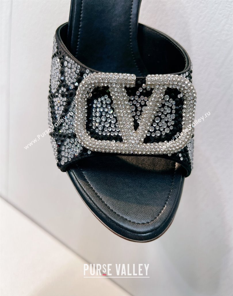 Valentino VLogo Heel Slides Sandal 8cm in Toile Iconographe Strass Black/Silver 2024 0612 (MD-240612076)