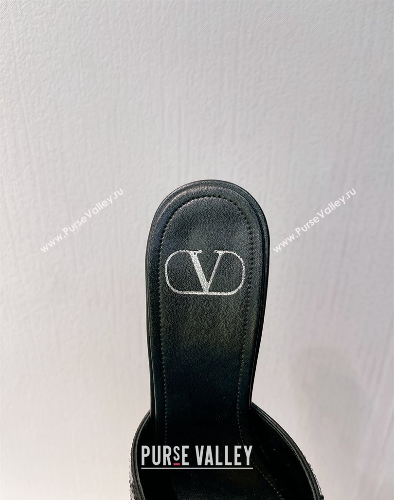 Valentino VLogo Heel Slides Sandal 8cm in Toile Iconographe Strass Black/Silver 2024 0612 (MD-240612076)