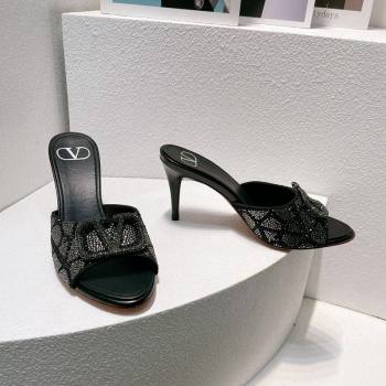 Valentino VLogo Heel Slides Sandal 8cm in Toile Iconographe Strass Black/Green 2024 0612 (MD-240612077)