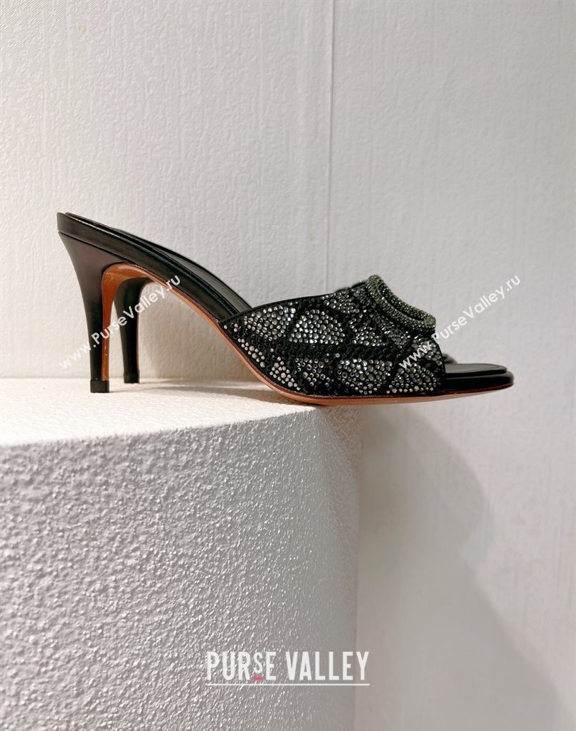 Valentino VLogo Heel Slides Sandal 8cm in Toile Iconographe Strass Black/Green 2024 0612 (MD-240612077)