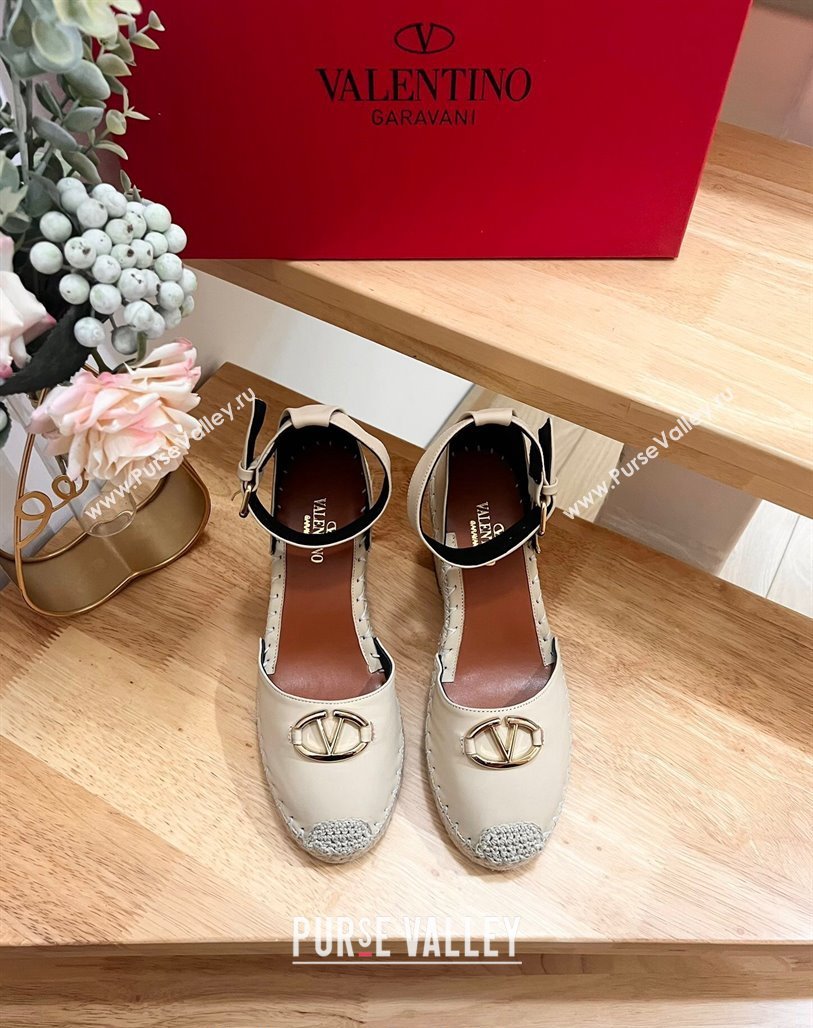 Valentino The Bold Edition VLogo Espadrille Wedge Pumps in Grained Calfskin Beige 2024 0612 (MD-240612078)