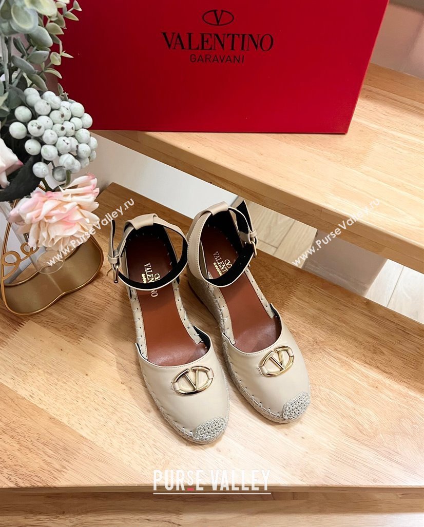 Valentino The Bold Edition VLogo Espadrille Wedge Pumps in Grained Calfskin Beige 2024 0612 (MD-240612078)