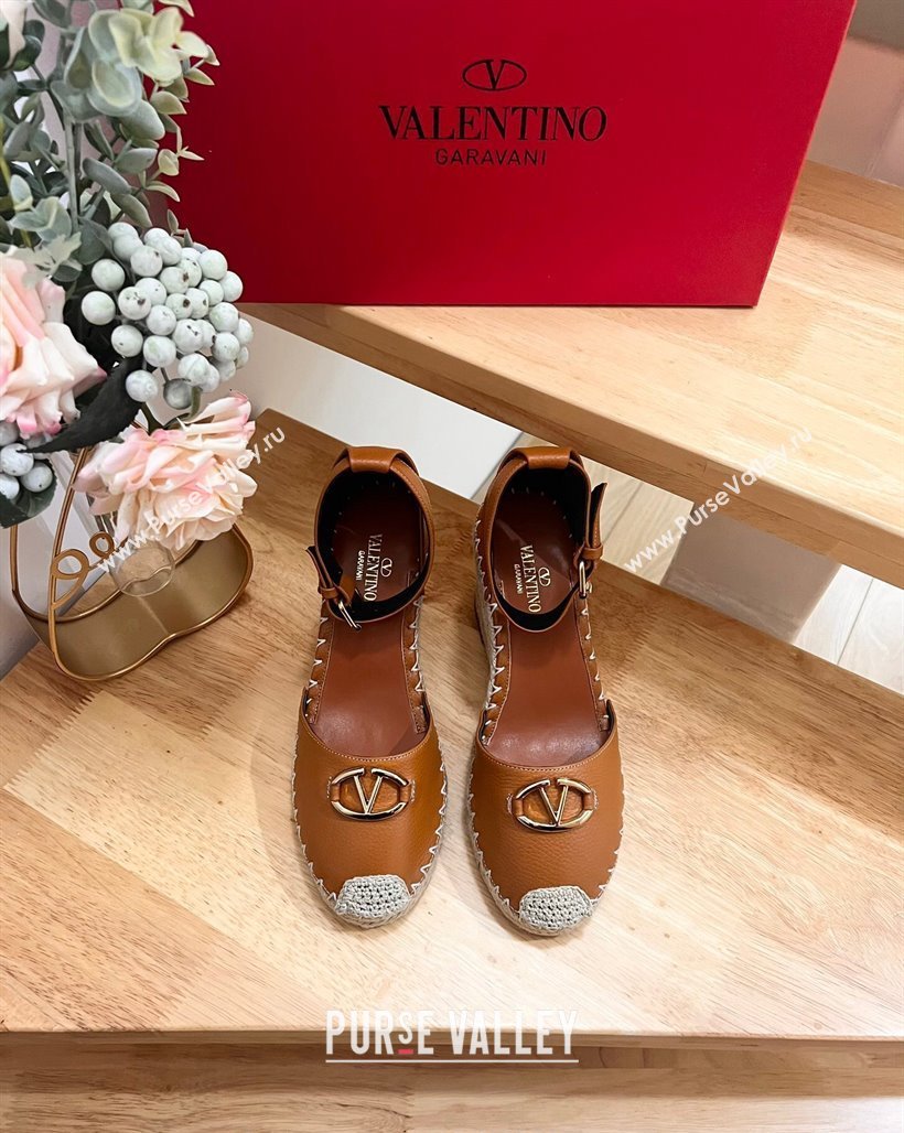 Valentino The Bold Edition VLogo Espadrille Wedge Pumps in Grained Calfskin Brown 2024 0612 (MD-240612079)