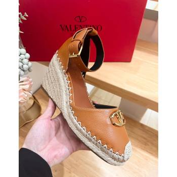 Valentino The Bold Edition VLogo Espadrille Wedge Pumps in Grained Calfskin Brown 2024 0612 (MD-240612079)