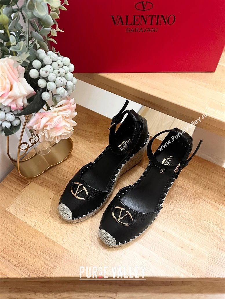 Valentino The Bold Edition VLogo Espadrille Wedge Pumps in Grained Calfskin Black 2024 0612 (MD-240612081)