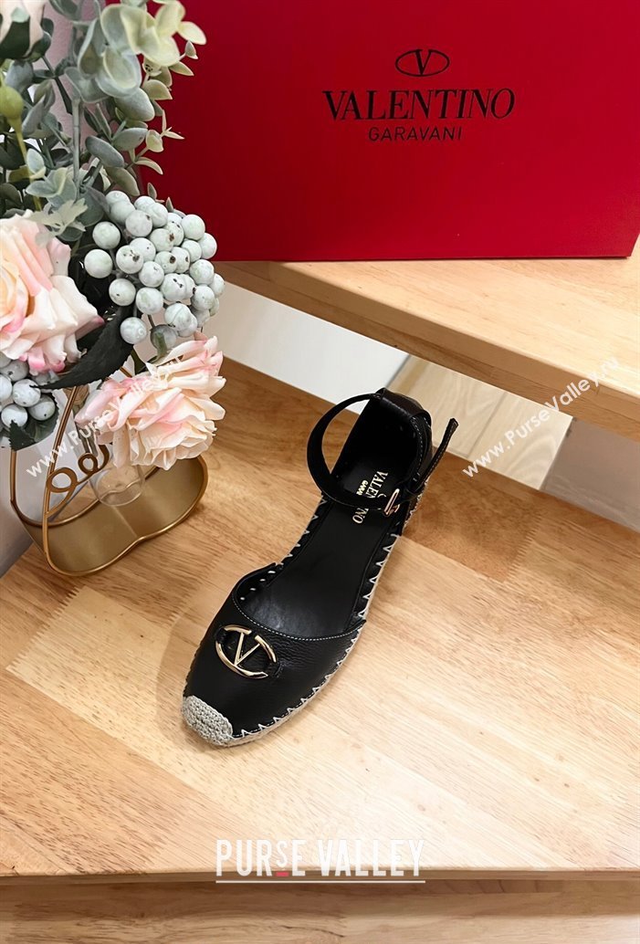 Valentino The Bold Edition VLogo Espadrille Wedge Pumps in Grained Calfskin Black 2024 0612 (MD-240612081)