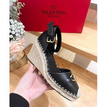 Valentino The Bold Edition VLogo Espadrille Wedge Pumps in Grained Calfskin Black 2024 0612 (MD-240612081)