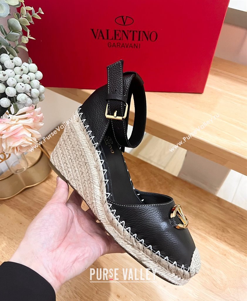 Valentino The Bold Edition VLogo Espadrille Wedge Pumps in Grained Calfskin Black 2024 0612 (MD-240612081)