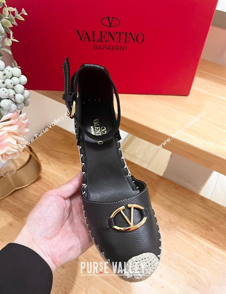 Valentino The Bold Edition VLogo Espadrille Wedge Pumps in Grained Calfskin Black 2024 0612 (MD-240612081)