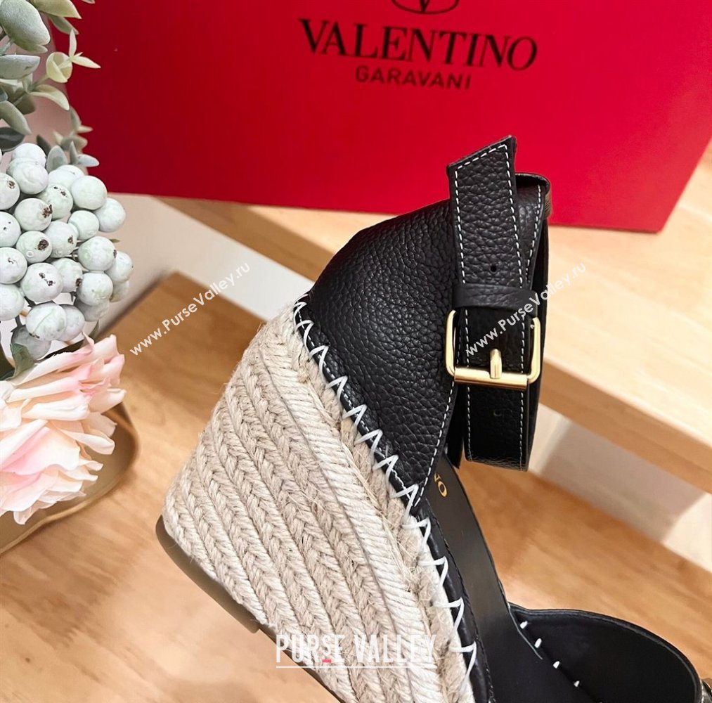 Valentino The Bold Edition VLogo Espadrille Wedge Pumps in Grained Calfskin Black 2024 0612 (MD-240612081)