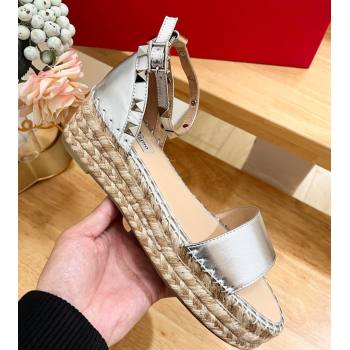 Valentino Rockstud Espadrille Platform Sandals in Grained Calfskin Silver 2024 0612 (MD-240612083)