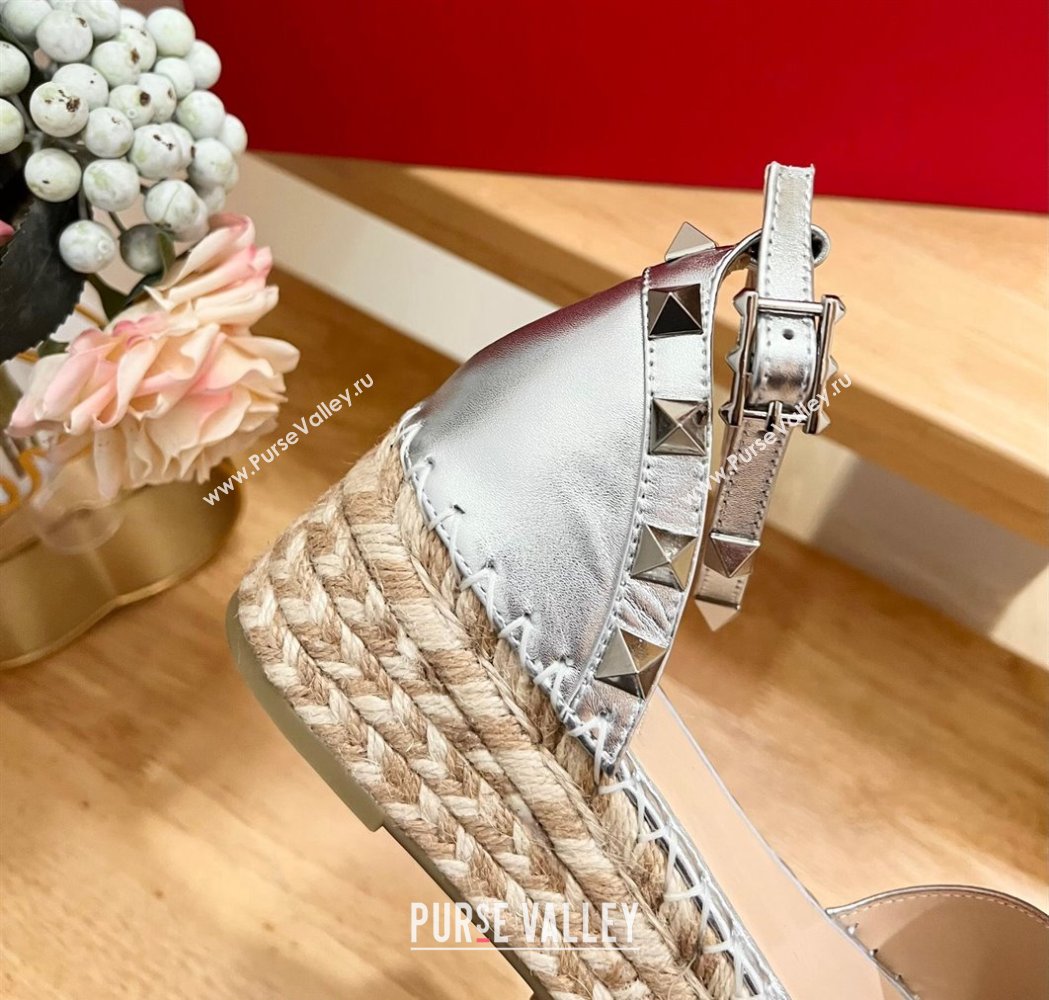 Valentino Rockstud Espadrille Platform Sandals in Grained Calfskin Silver 2024 0612 (MD-240612083)