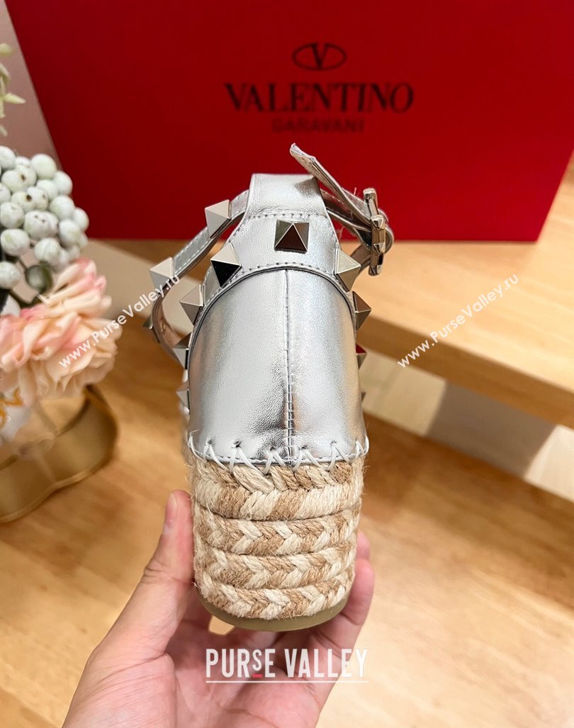 Valentino Rockstud Espadrille Platform Sandals in Grained Calfskin Silver 2024 0612 (MD-240612083)