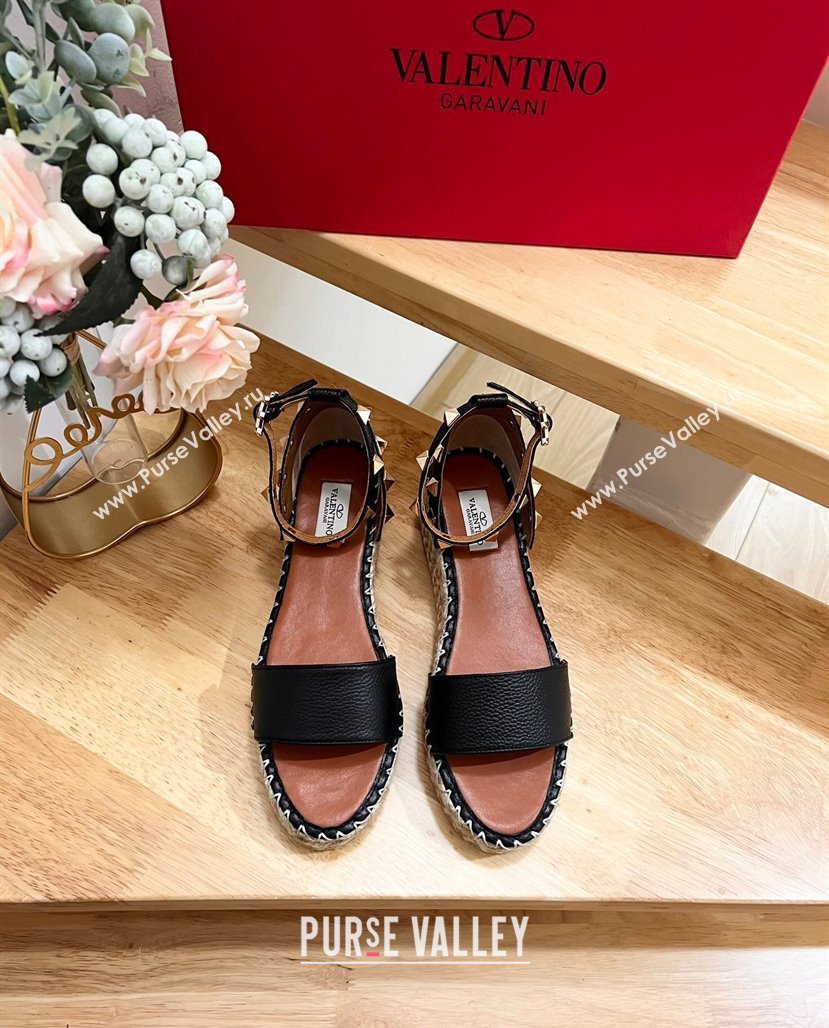 Valentino Rockstud Espadrille Platform Sandals in Grained Calfskin Black 2024 0612 (MD-240612085)